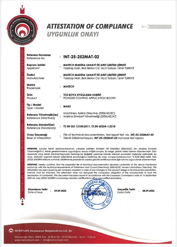 Toz Boya Uygulama Kabini CE Belgesi